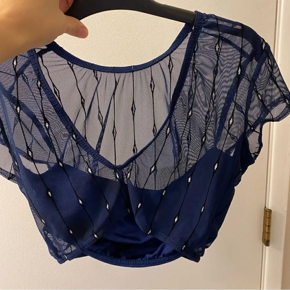 Kelle dance 2 piece blue mesh flocked crop top leggings pants light switch MA